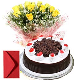 send Yellow Roses with Black Forest Cake Combo Gifts delivery