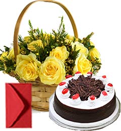 Black Forest Cake Half Kg N Yellow Roses Busket