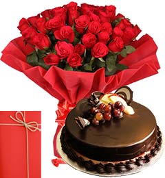 send 25 Red Roses Bouquet with Half Kg Chocolate Truffle Cake n Greeting Card delivery