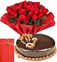 send 1Kg Chocolate Truffle Cake with 25 Red Roses Bouquet n Greeting Card delivery