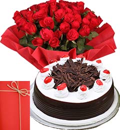 send 1Kg Black Forest Cake with 25 Red Roses Bouquet n Greeting Card delivery