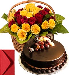 send Chocolate Truffle Cake Half Kg with Red Yellow Roses Basket delivery