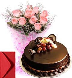 send Chocolate Truffle Cake Half Kg with Pink Roses Bouquet n Card delivery
