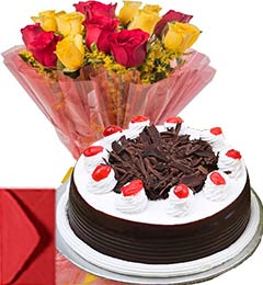 send Black Forest Cake Half Kg with Yellow Red Roses Bouquet n Card delivery