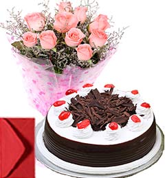 send Black Forest Cake Half Kg with Pink Roses Bouquet n Card delivery