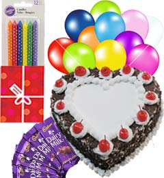 send 1Kg Heart Shaped Black Forest Cake n Chocolate Gifts Combo delivery