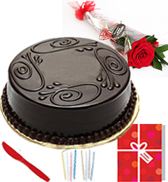send Single Roses Half Kg chocolate cake Candle Greeting Card delivery