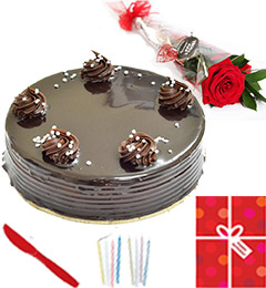 send 1Kg Chocolate cake Single Roses Candle Greeting Card delivery