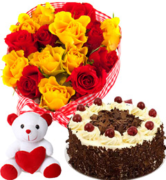 send Red Yellow Roses Basket Black Forest Cake Teddy Gifts delivery