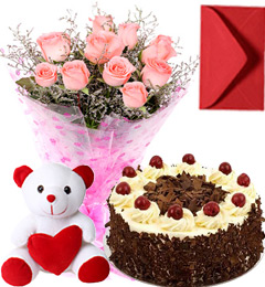send Pink Roses Bouquet Black Forest Cake Teddy delivery