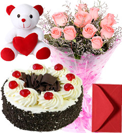 send Black Forest Cake 1Kg Pink Roses Bouquet Teddy delivery