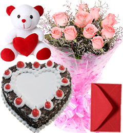 send 1Kg Heart Shape Black Forest Cake Pink Roses Bouquet Teddy delivery