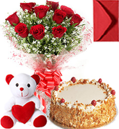 send Half Kg Butterscotch Cake Roses Bouquet N Teddy delivery
