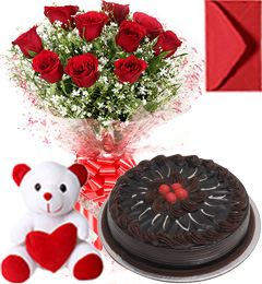 send Half Kg Chocolate Traffle Cake Roses Bouquet N Teddy delivery