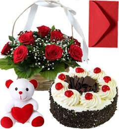 send Black Forest Cake Half Kg Roses Basket N Teddy Gifts delivery