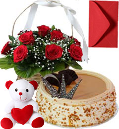 send Butterscotch Cake Half Kg Roses Basket N Teddy Gifts delivery
