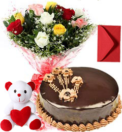 send 1Kg Chocolate Traffle Cake Mix Roses Bouquet Teddy n Card delivery