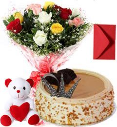 send 1Kg Butterscotch Cake Mix Roses Bouquet Teddy n Card delivery