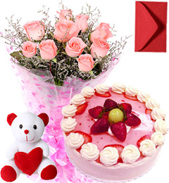 send 1Kg Strawberry Cake Roses Bouquet Teddy n Card delivery