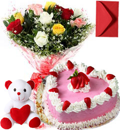 send 1Kg Heart Shape Strawberry Cake  Roses Bouquet Teddy n Card delivery