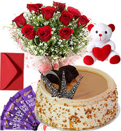 send Butterscotch Cake Roses Bouquet Teddy N Chocolate delivery