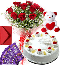 send Pineapple Cake Roses Bouquet Teddy N Chocolate delivery