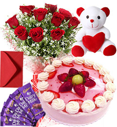 send Strawberry Cake Roses Bouquet Teddy N Chocolate delivery