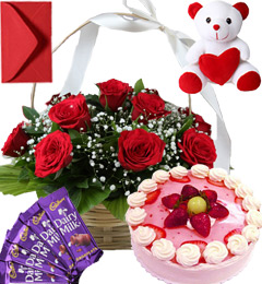 send Strawberry Cake Roses Basket Teddy N Chocolate delivery