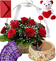 send Butterscotch Cake Roses Basket Teddy N Chocolate delivery