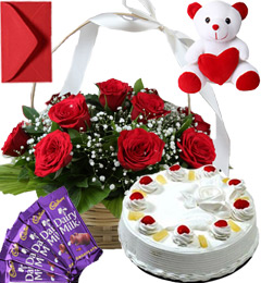 send Pineapple Cake Roses Basket Teddy N Chocolate delivery