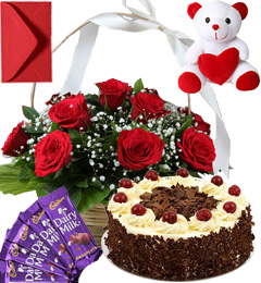 send Black Forest Cake Roses Basket Teddy N Chocolate delivery