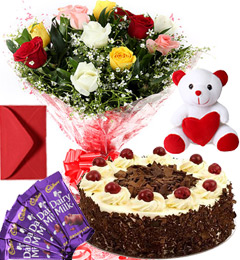 send 1Kg Black Forest Cake Roses Bouquet Teddy N Chocolate delivery