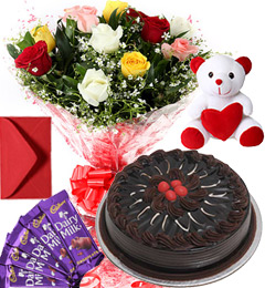 send 1Kg Chocolate Cake Roses Bouquet Teddy N Chocolate Combo Gift delivery