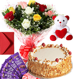 send 1Kg Butter Scotch Cake Roses Bouquet Teddy N Chocolate Combo Gift delivery
