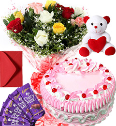send 1Kg Strawberry Cake Roses Bouquet Teddy N Chocolate Combo Gift delivery