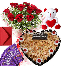send 1Kg Heart Shape Butter Scotch Cake Roses Bouquet Teddy N Chocolate Combo Gift delivery