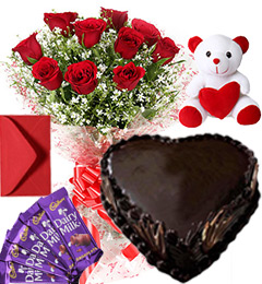send 1Kg Heart Shape Chocolate Cake Roses Bouquet Teddy N Chocolate Combo delivery