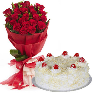 2 kg White Forest Cake Roses Bouquet Gift