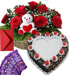 send 1Kg Heart Black Forest Cake Roses Basket Teddy N Chocolate Combo Gift delivery