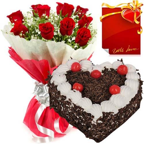 send 500gms Heart Shape Black Forest Cake 10 Red Roses Bouquet and Greeting Card delivery