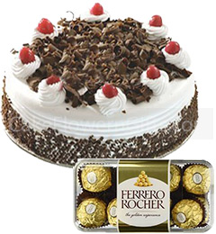send Half Kg Black Forest Cake 16 Ferrero Rocher Chocolate Gift delivery