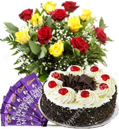 500gms Black Forest Cake Red Yellow Roses n Chocolate Gifts