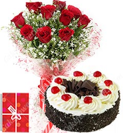 1Kg Eggless Chocolate Black Forest Cake Roses bouquet Greeting Card