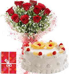 Eggless 1Kg Pineapple Cake 10 Mix Roses bouquet with Greeting Card