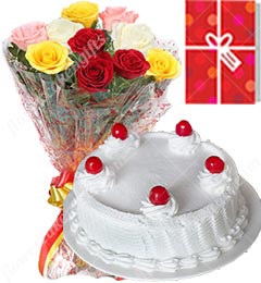    Eggless 1Kg Vanilla Cake 10 Mix Roses bouquet with Greeting Card