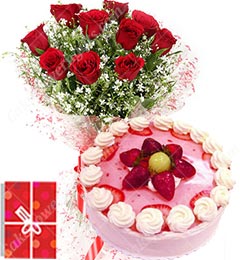 Eggless 1Kg Strawberry Cake 10 Mix Roses bouquet n Greeting Card