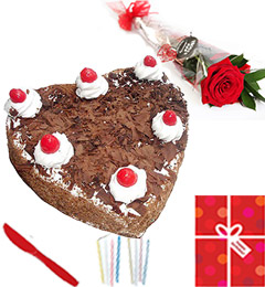Single Roses Heart Shaped 1Kg Black Forest cake Candle Greeting Card