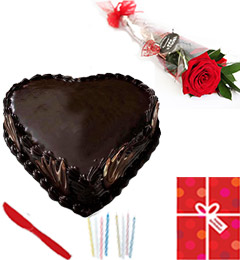 Eggless Heart Shaped 1Kg Chocolate Cake Candle Greeting Card Single Roses 