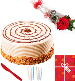 Eggless 1Kg Butterscotch Cake Single Roses Candle Greeting Card