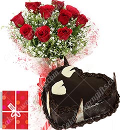 1Kg Chocolate Heart Shape Eggless Cake Roses Bouquet N Greeting Card
